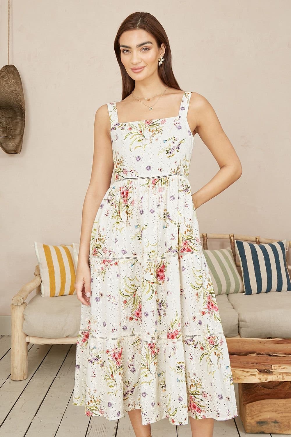 Yumi Yumi Women's White Floral Broderie Anglaise Midi Sun Dress in Ivory