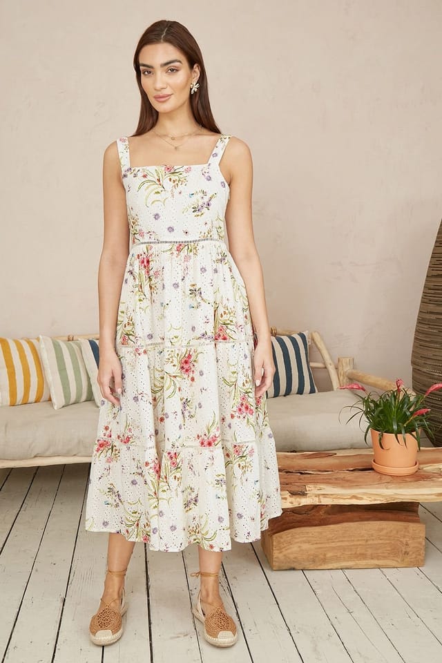 Yumi Yumi Women's White Floral Broderie Anglaise Midi Sun Dress in Ivory - 2