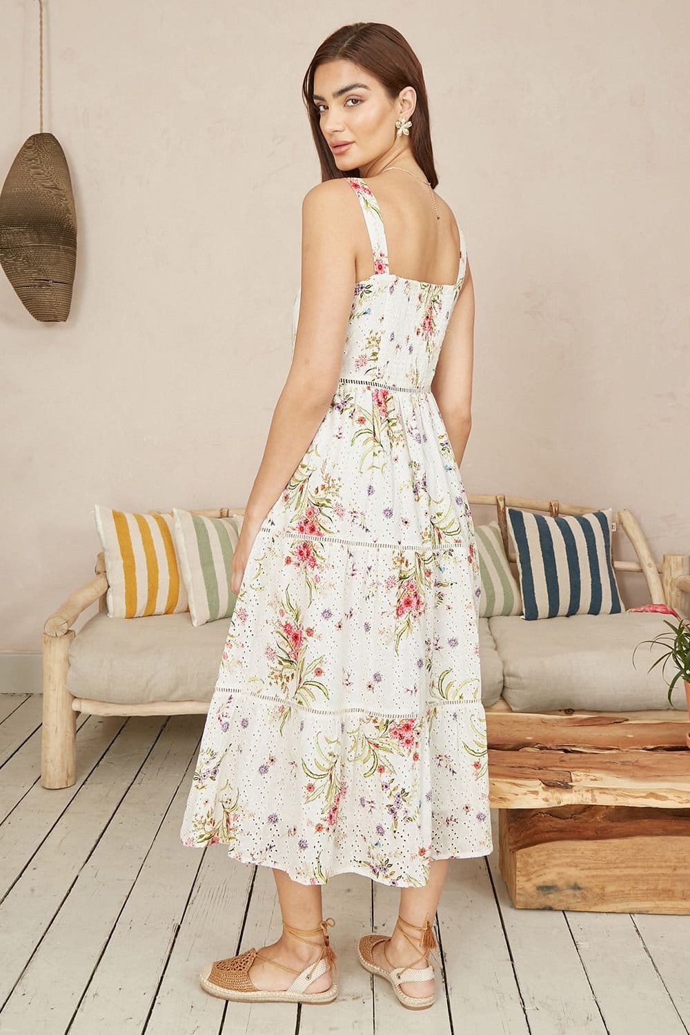 Yumi Yumi Women's White Floral Broderie Anglaise Midi Sun Dress in Ivory - 4