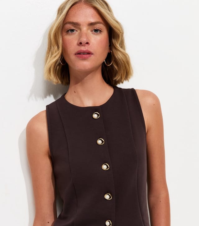 New Look Women's Dark Brown Jersey Crew Neck Faux Pearl Button Waistcoat New Look - 2