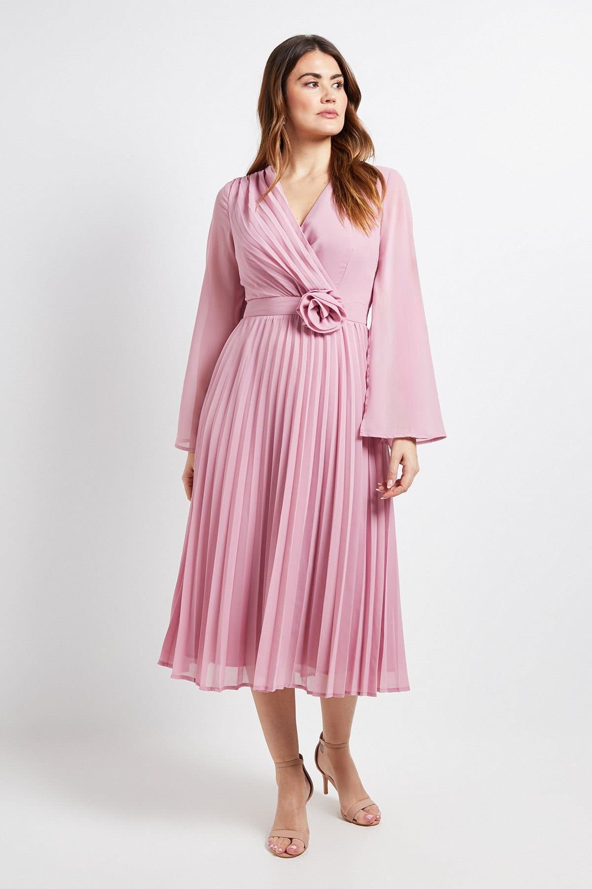 Wallis Wallis Women's Cape Sleeve Pleated Corsage Midi Dress in Blush