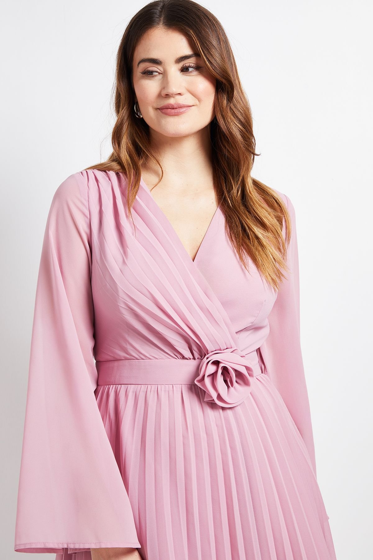 Wallis Wallis Women's Cape Sleeve Pleated Corsage Midi Dress in Blush - 4