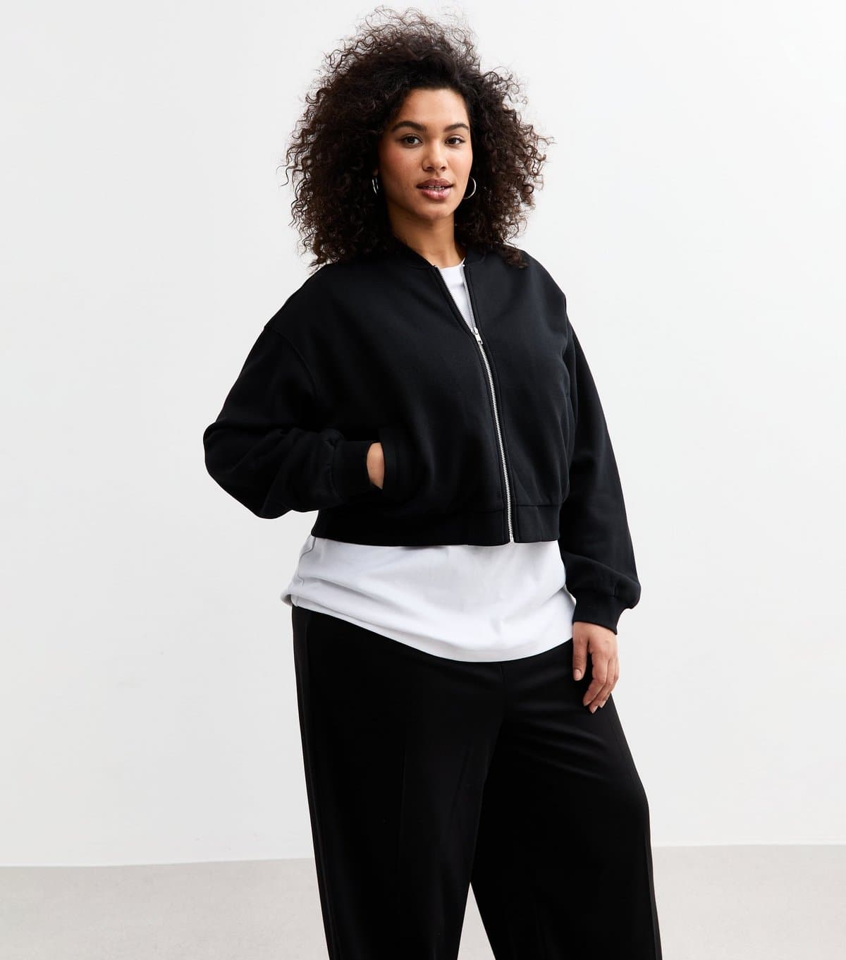 New Look Women's Plus Size Black Zip Up Cropped Bomber Jacket Curves New Look