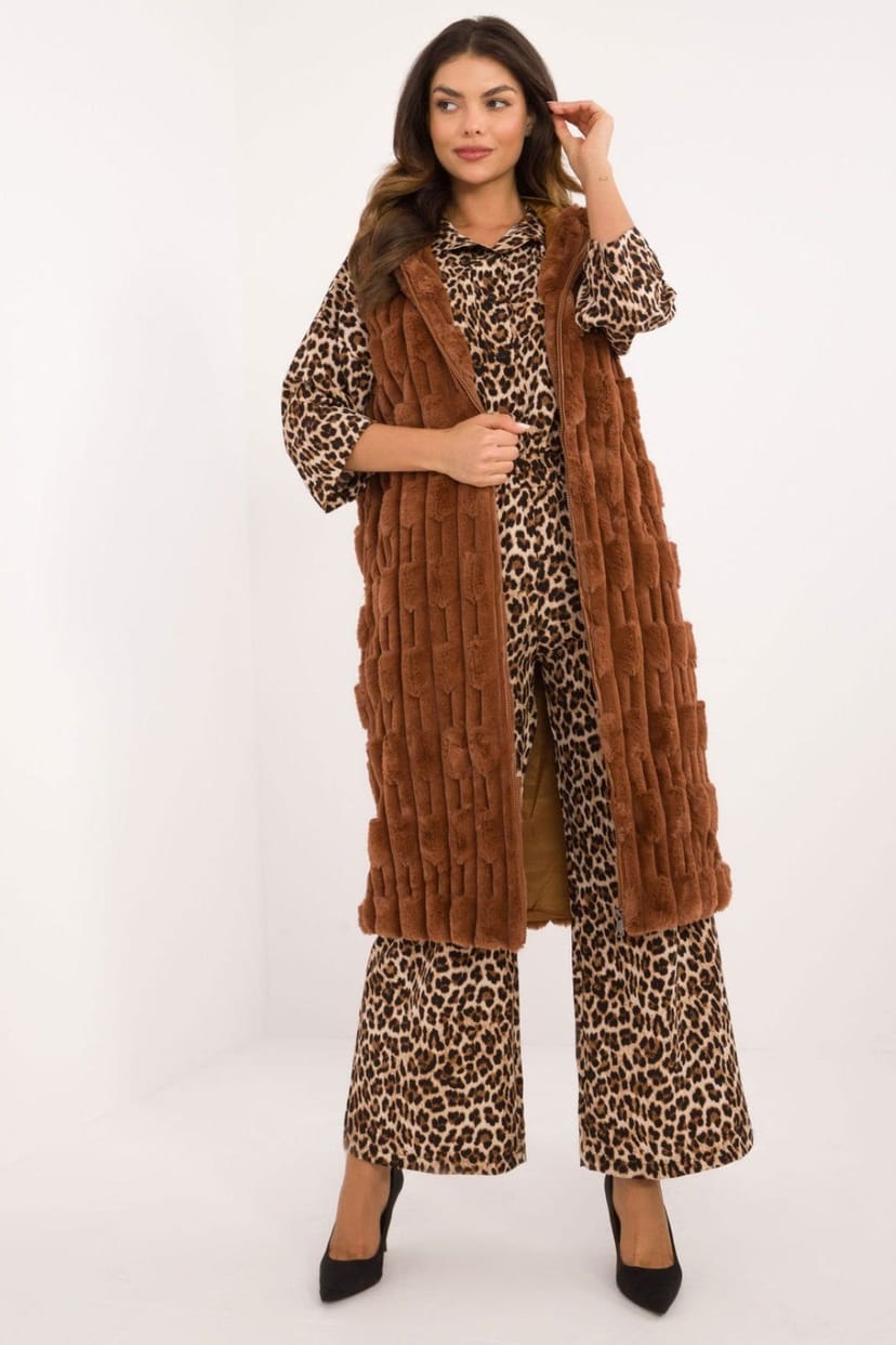 Love Lace Love Lace Women's Hooded Fur Style Polyester Zip Vest in Brown - 1