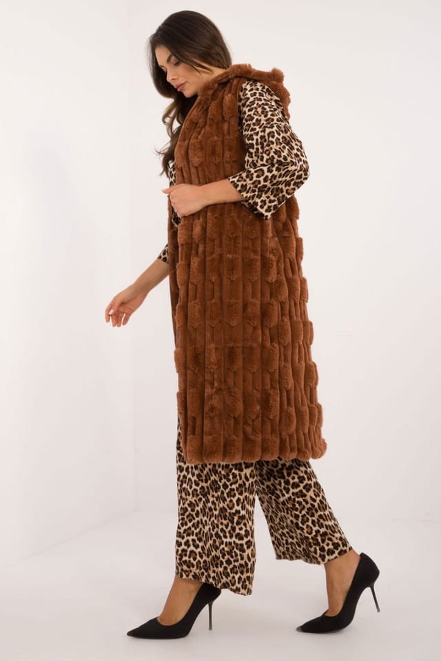 Love Lace Love Lace Women's Hooded Fur Style Polyester Zip Vest in Brown - 2