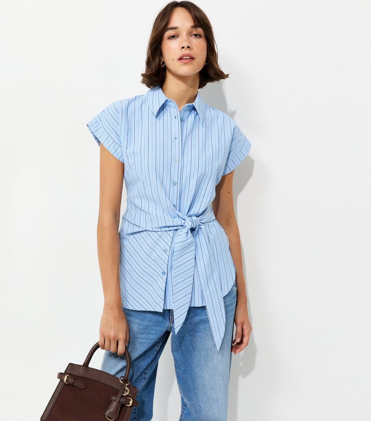 New Look Women's Blue Cotton Rich Striped Tie Front Short Sleeve Shirt New Look