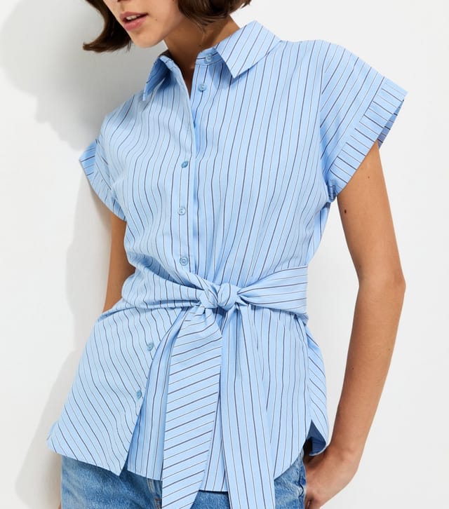 New Look Women's Blue Cotton Rich Striped Tie Front Short Sleeve Shirt New Look - 2
