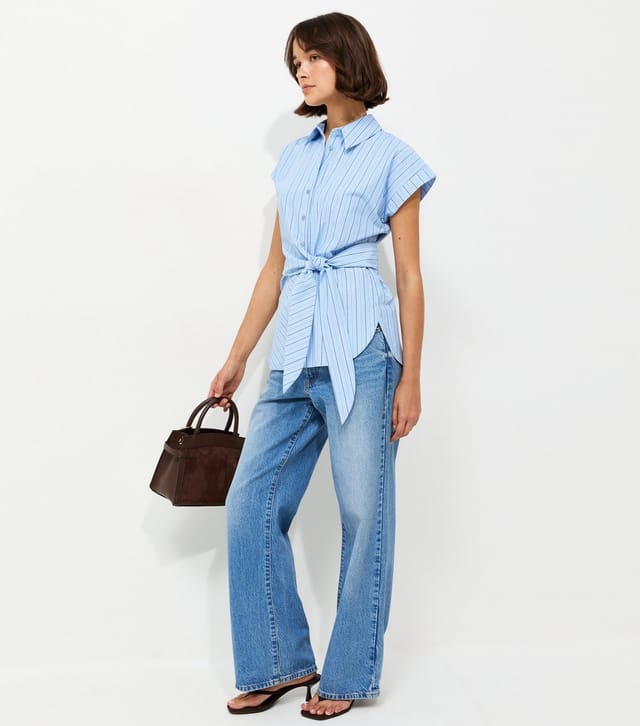 New Look Women's Blue Cotton Rich Striped Tie Front Short Sleeve Shirt New Look - 3