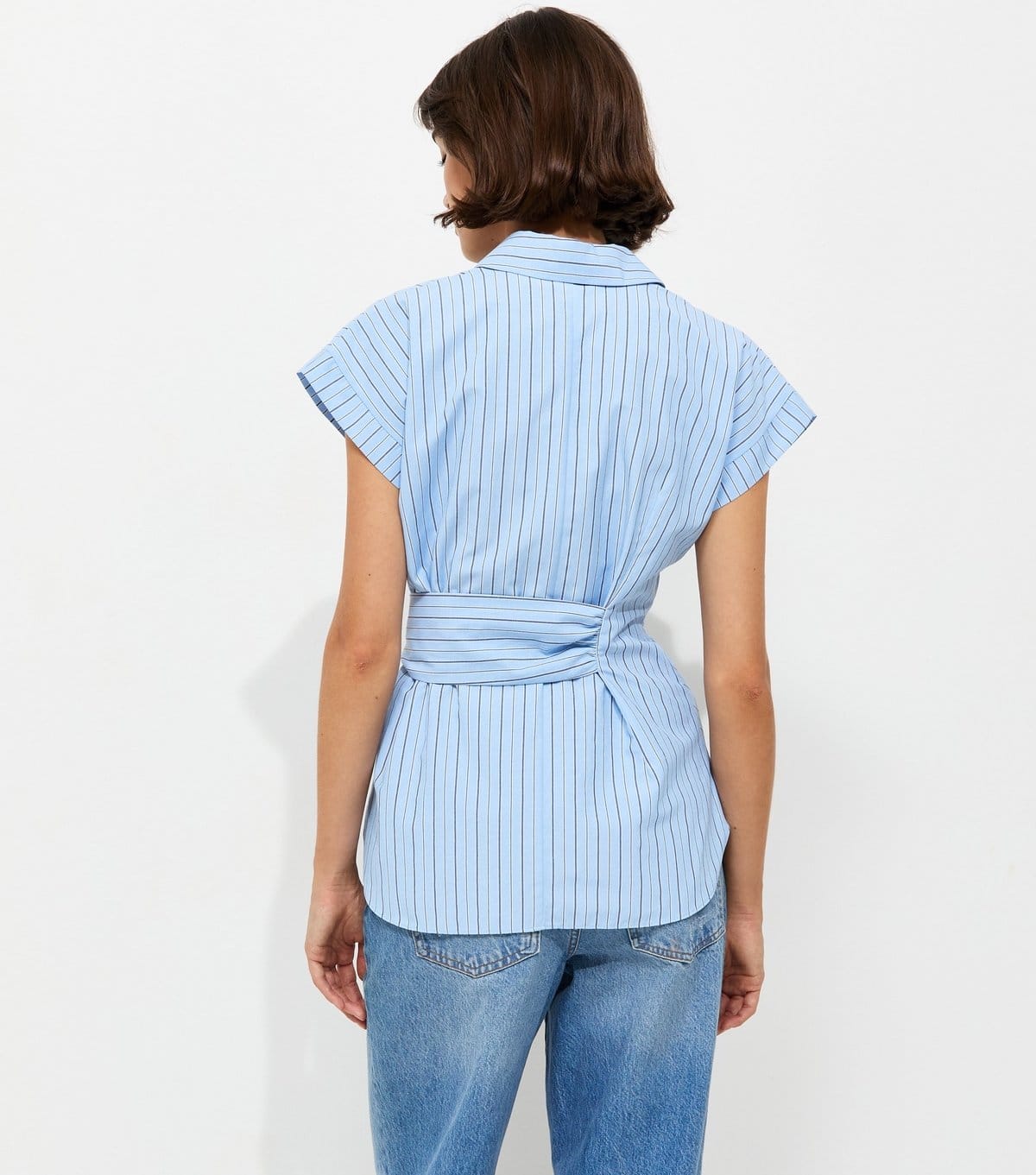 New Look Women's Blue Cotton Rich Striped Tie Front Short Sleeve Shirt New Look - 4