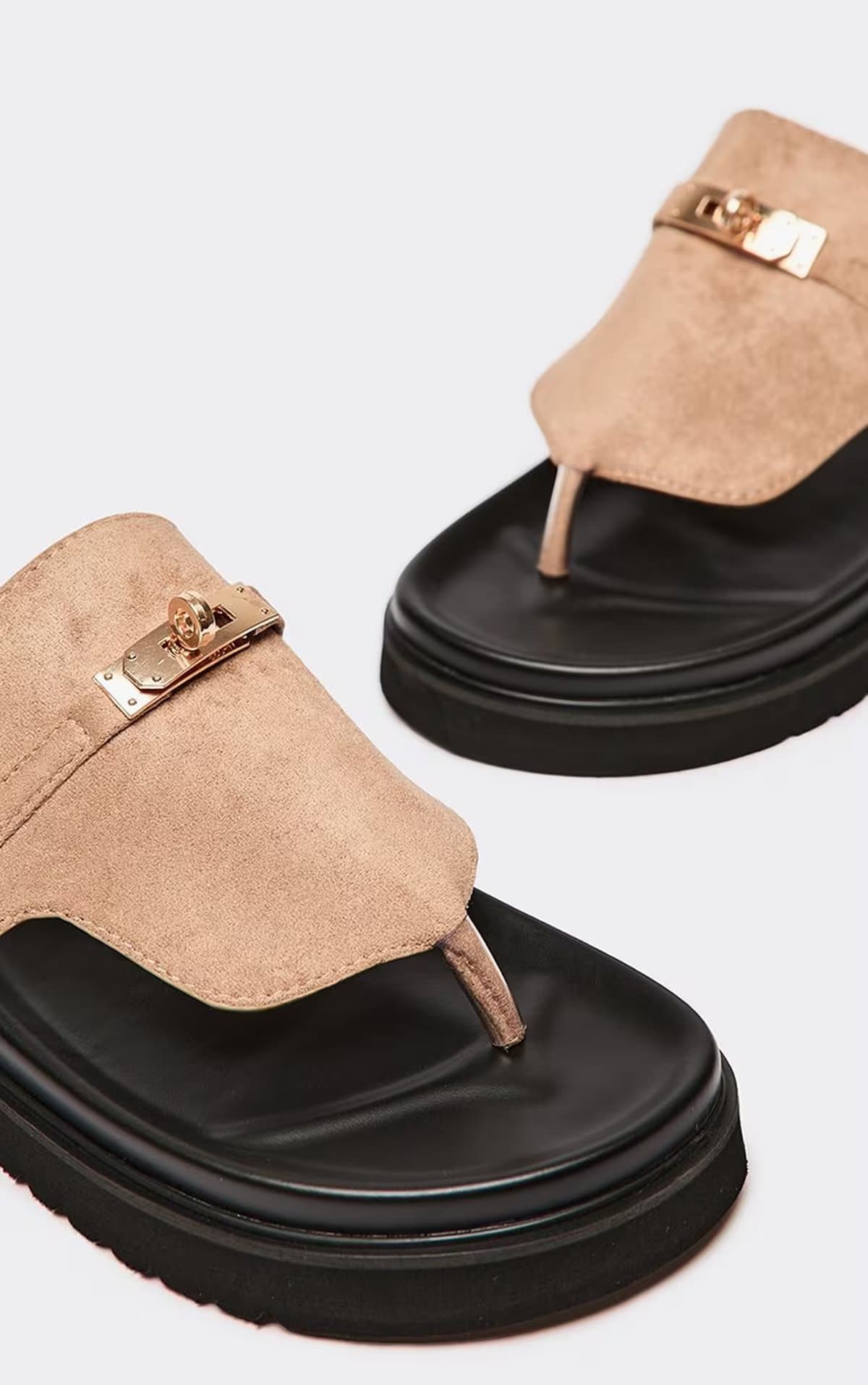 EGO Danni Lock Detail Thong Strap Flat Slider Sandal In Beige Faux Suede, Women's Size UK 3