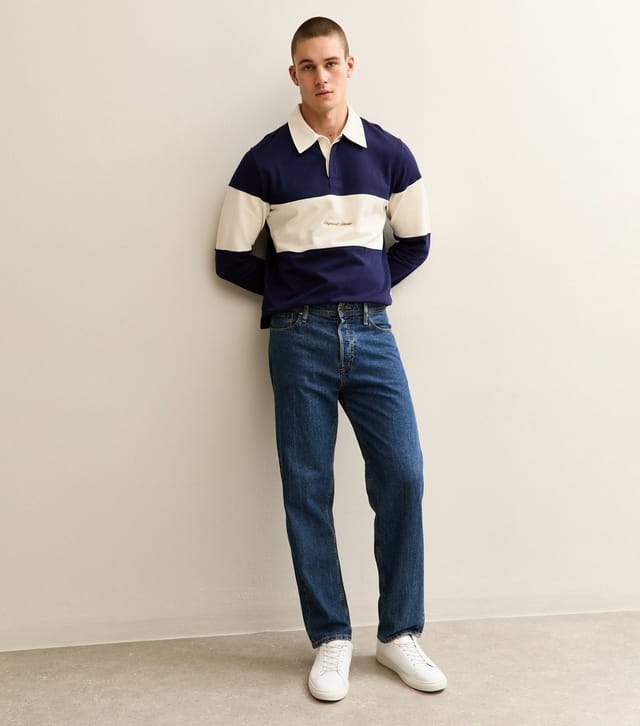 jack & jones Men's Navy Stripe Long Sleeve Polo Top Jack & Jones New Look - 3