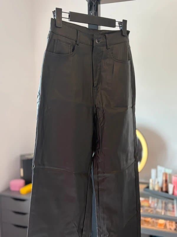 unbranded Black Lightweight Leather Effect High Waisted Wide Leg Pants