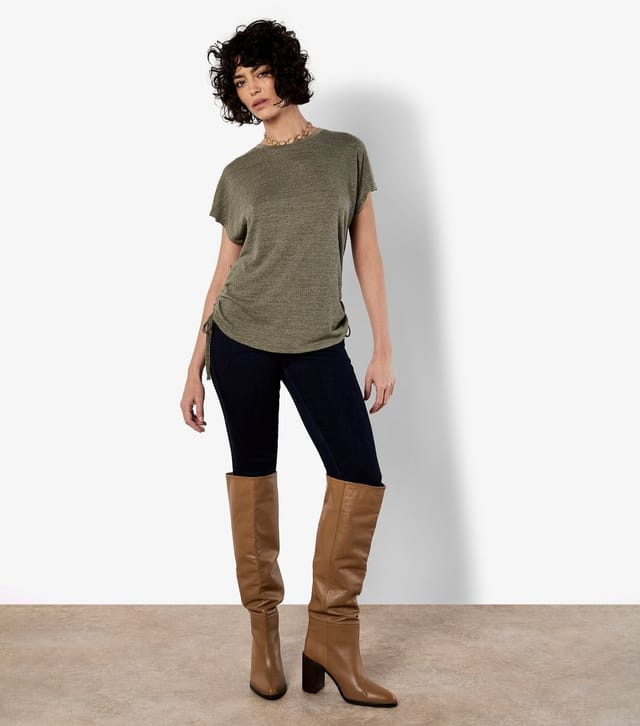 Apricot Women's Dark Khaki Textured Ruched Seam T-Shirt Apricot New Look - 2