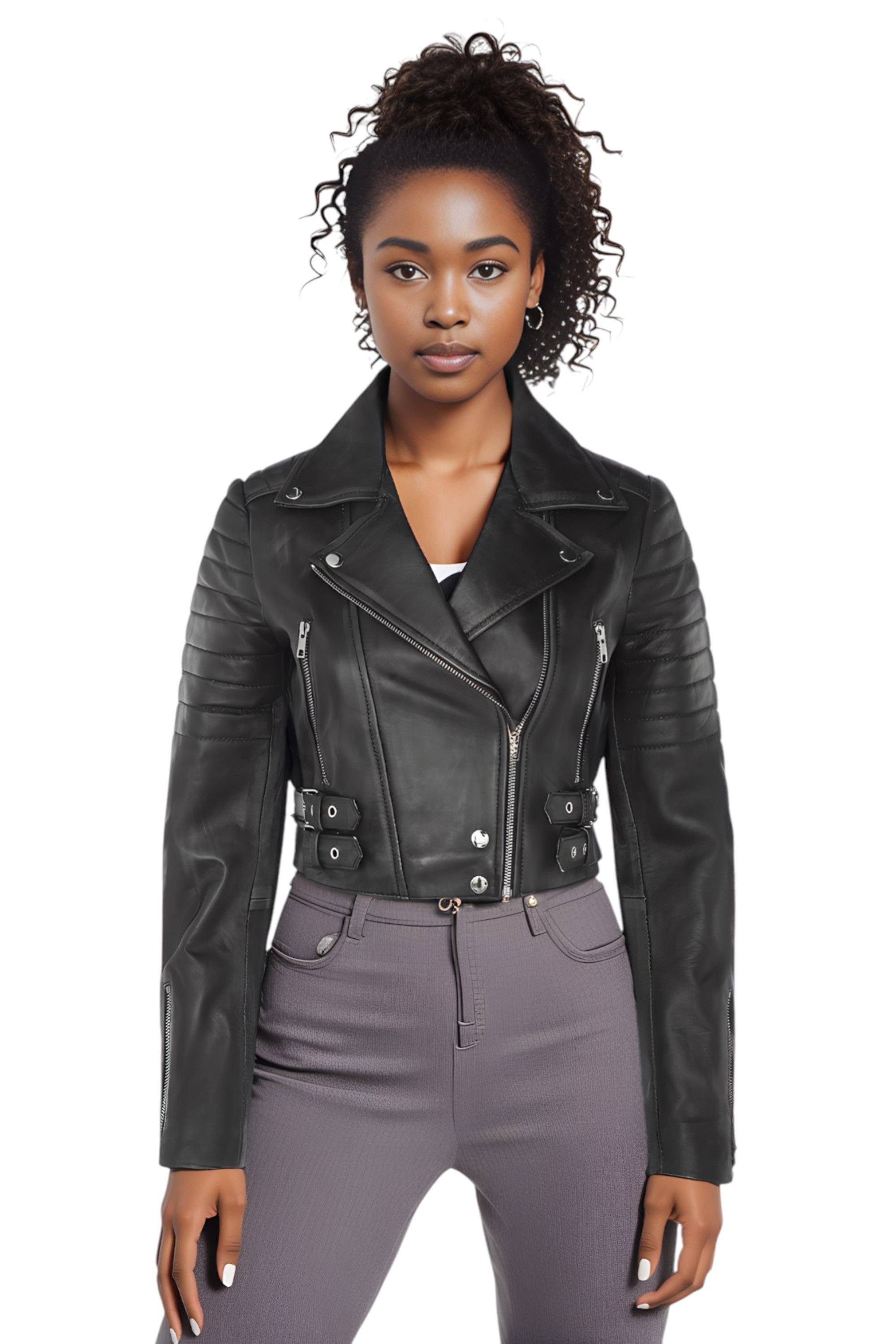 Infinity Leather Infinity Leather Women's Cropped Brando Leather Biker Jacket-Bellville in Black - 2
