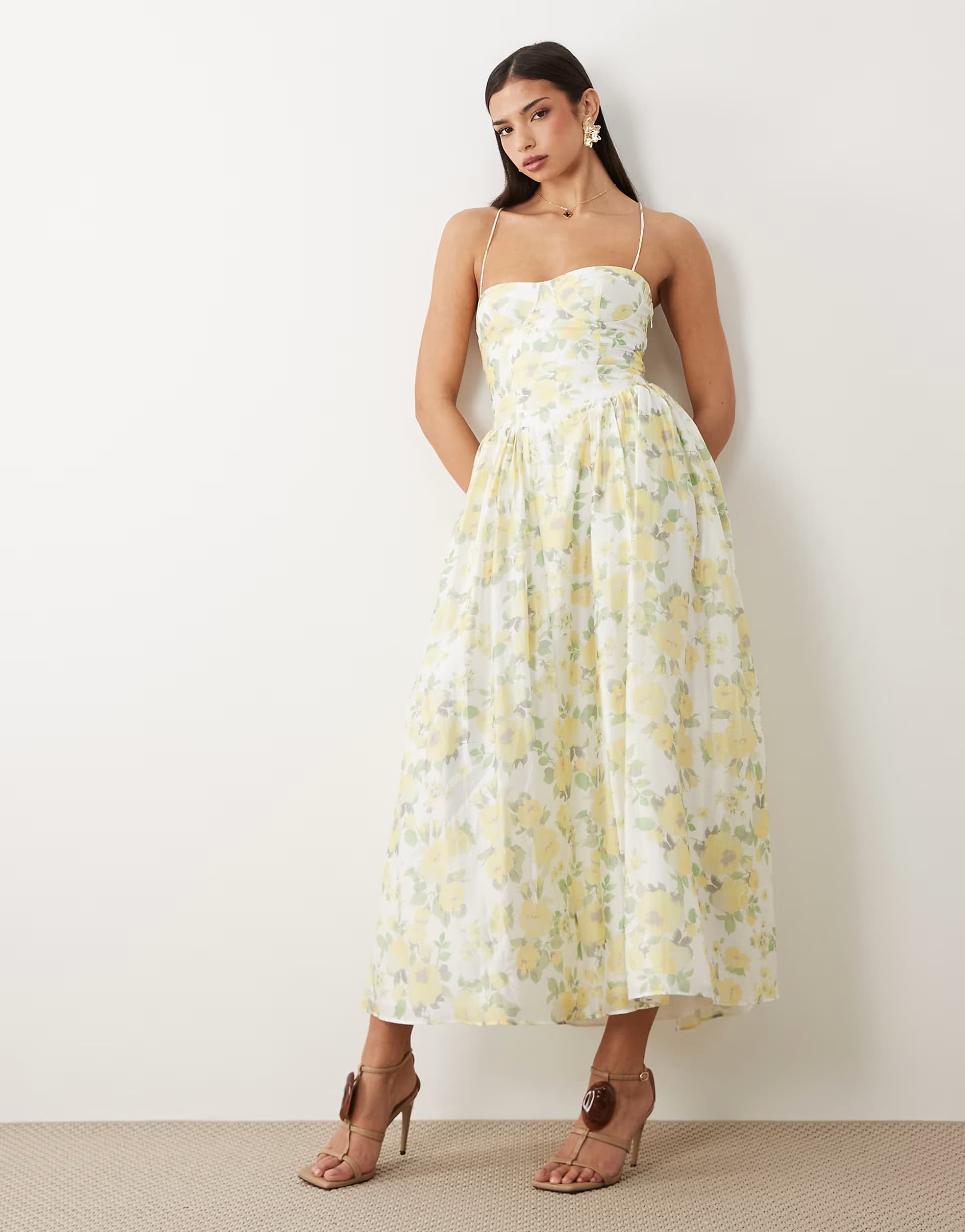 ASOS Bardot Estie cotton cami corset detail maxi dress in yellow floral