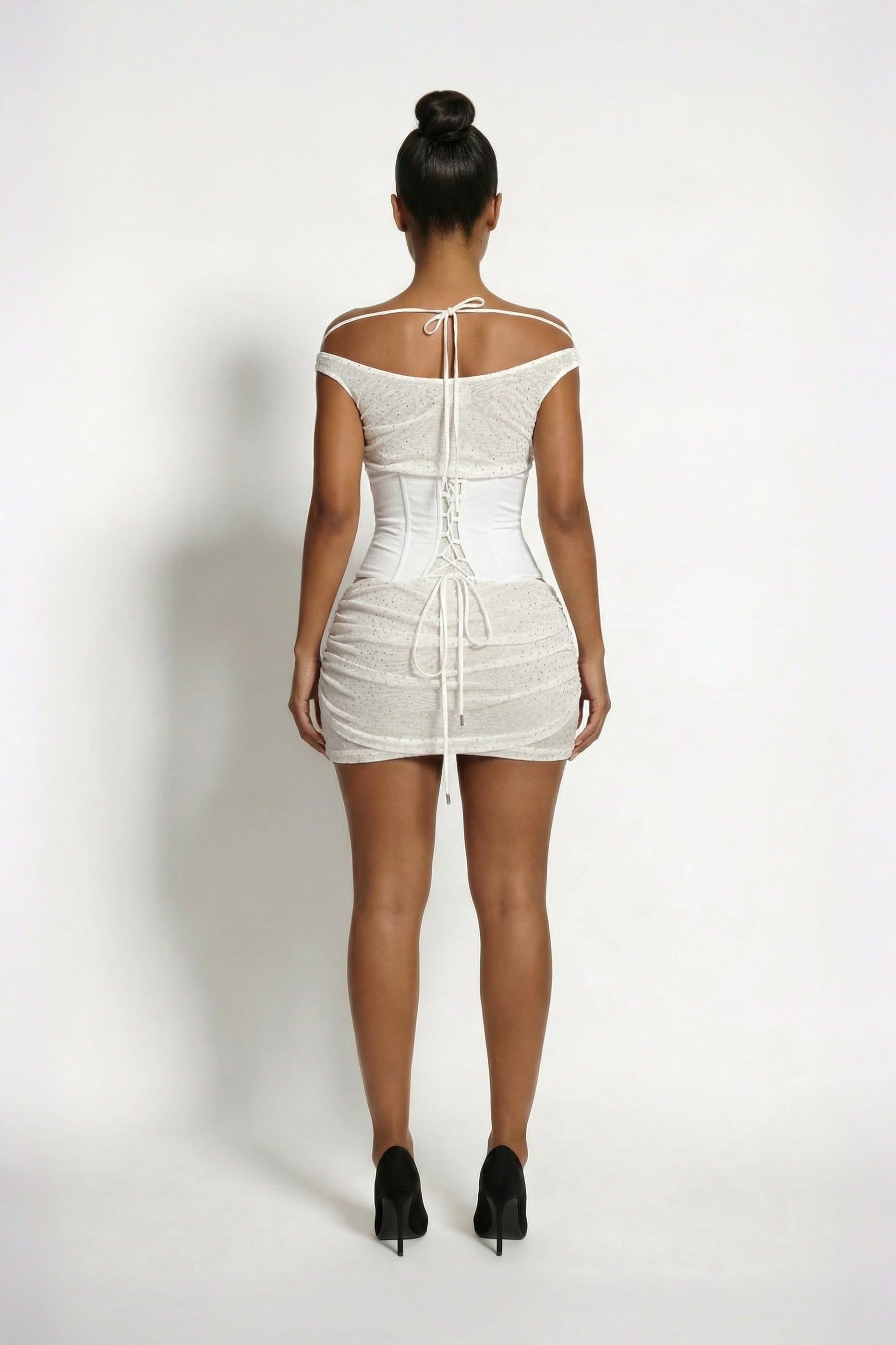 LEMONLUNAR LEMONLUNAR Women's The Cassia Mesh Stud Corset Mini Dress in White - 4
