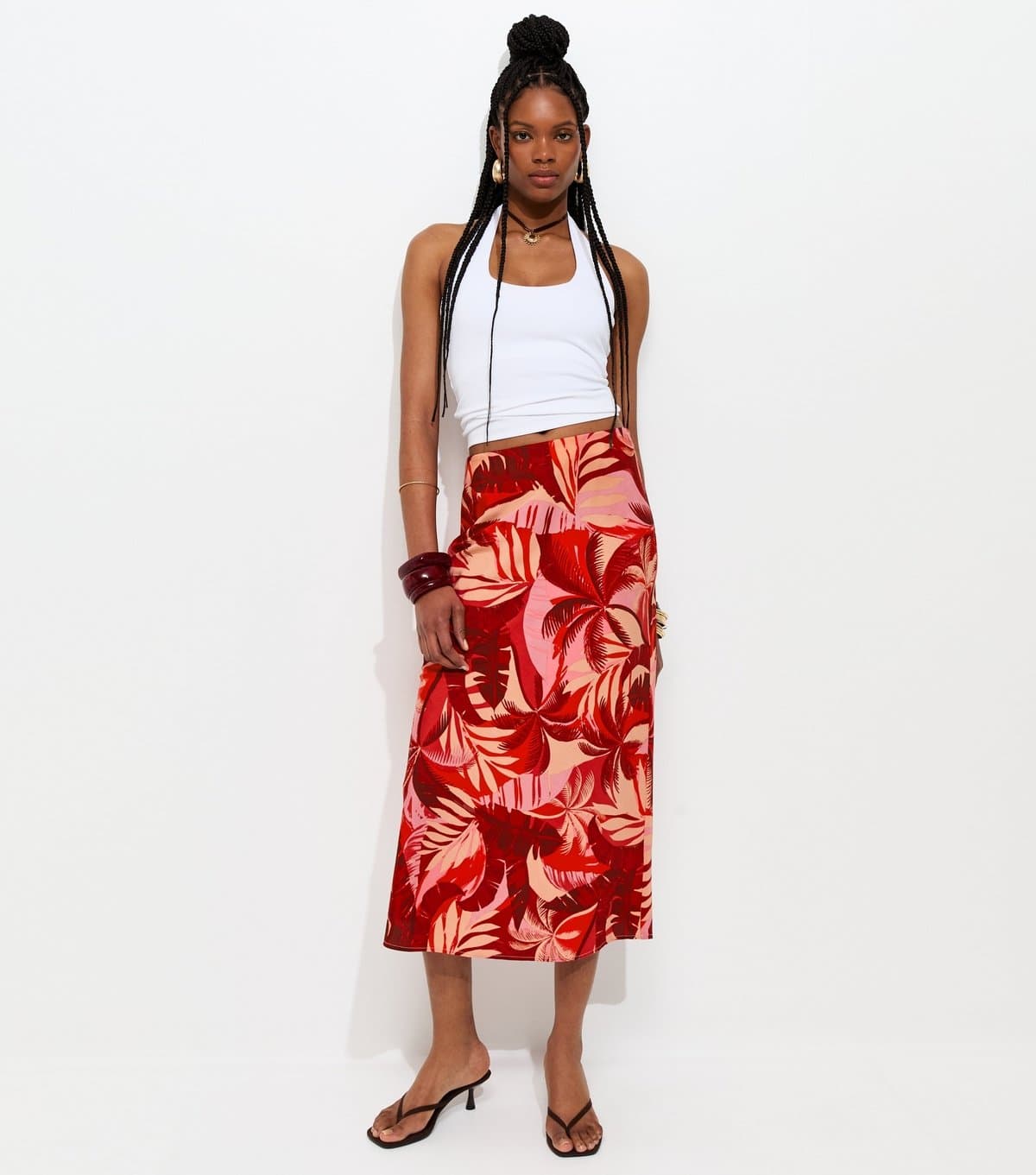 New Look Women's Red Crepe Tropical Print Bias Cut Midi Skirt New Look