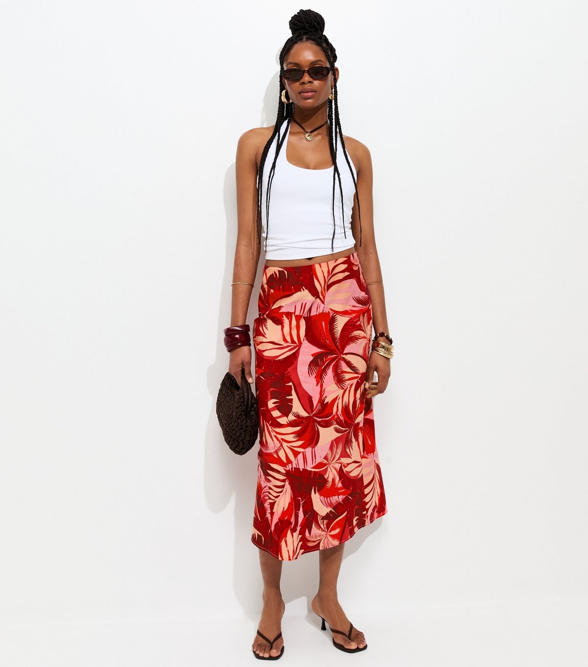 New Look Women's Red Crepe Tropical Print Bias Cut Midi Skirt New Look - 2