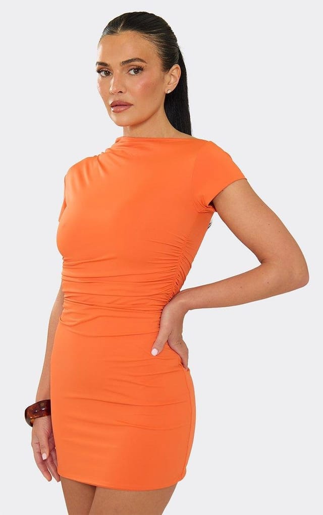 EGO Short Sleeve Ruched Mini Dress In Orange, Women's Size UK L - 2