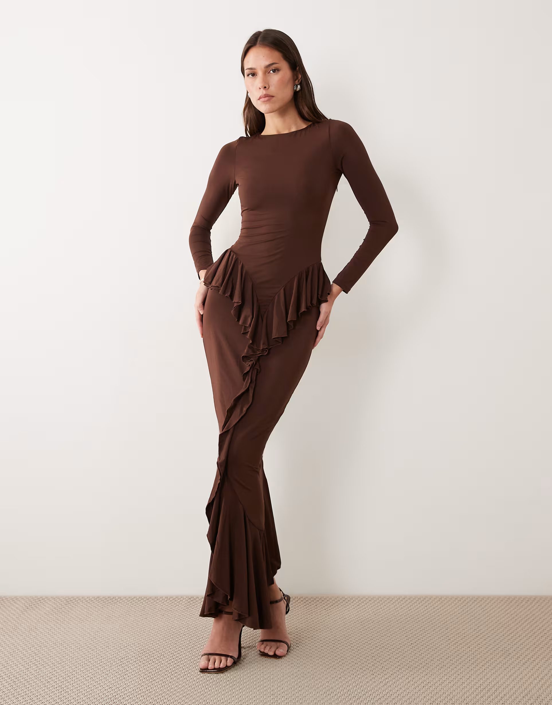 ASOS Ruched & Ready sculpting long sleeve ruffle drape detail maxi dress in dark chocolate - 1