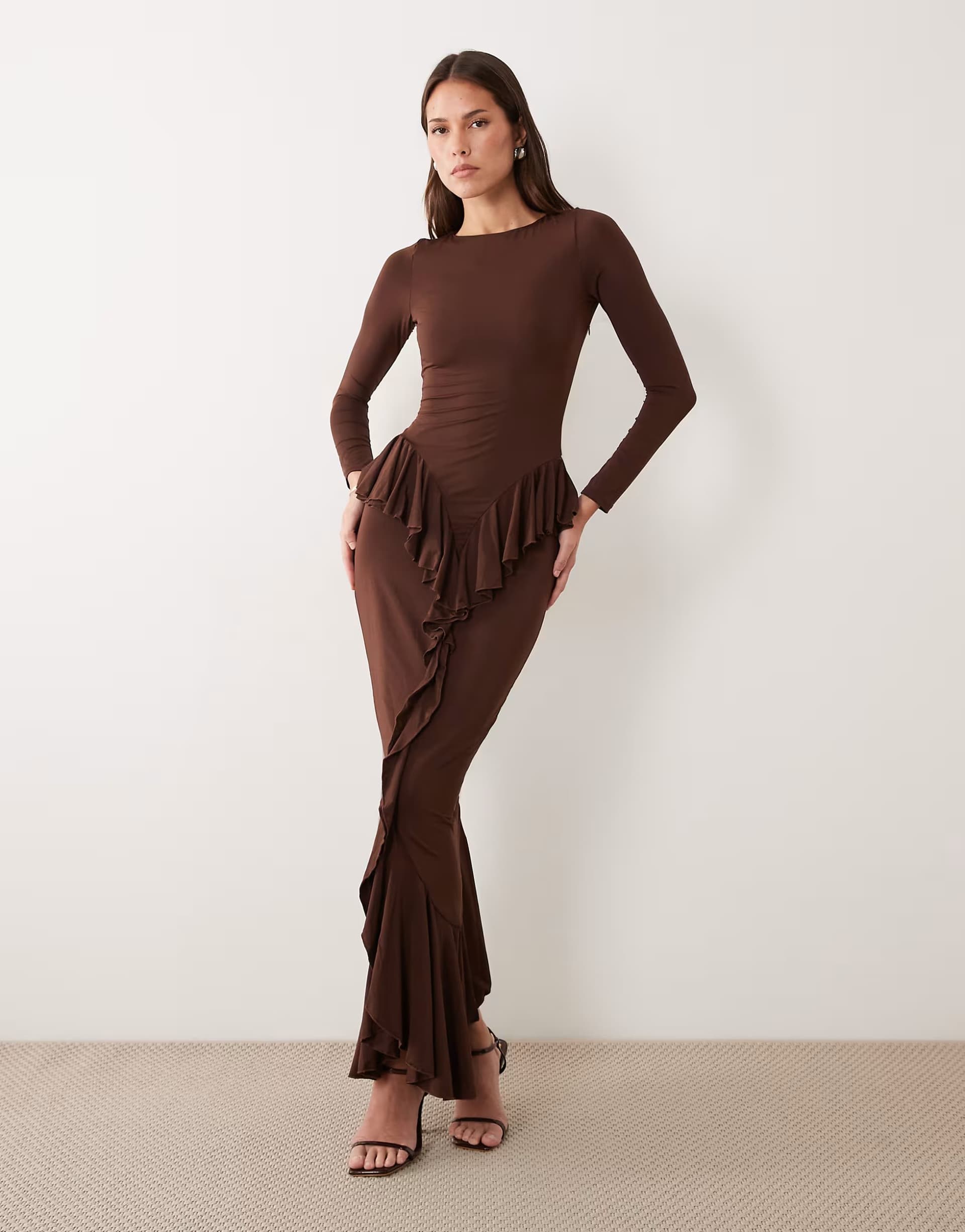 ASOS Ruched & Ready sculpting long sleeve ruffle drape detail maxi dress in dark chocolate