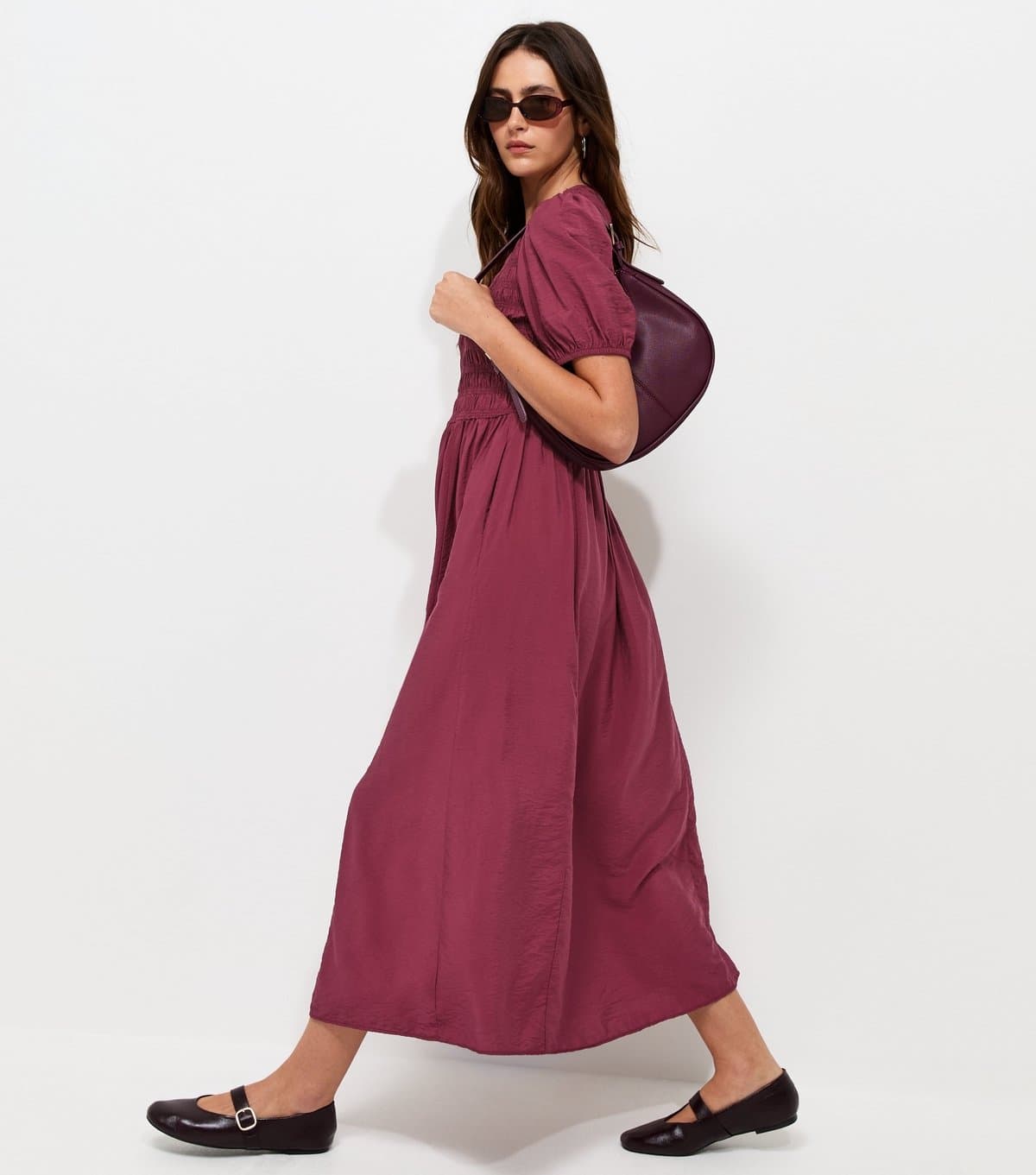 New Look New Look Dark Burgundy Shirred Midi Dress