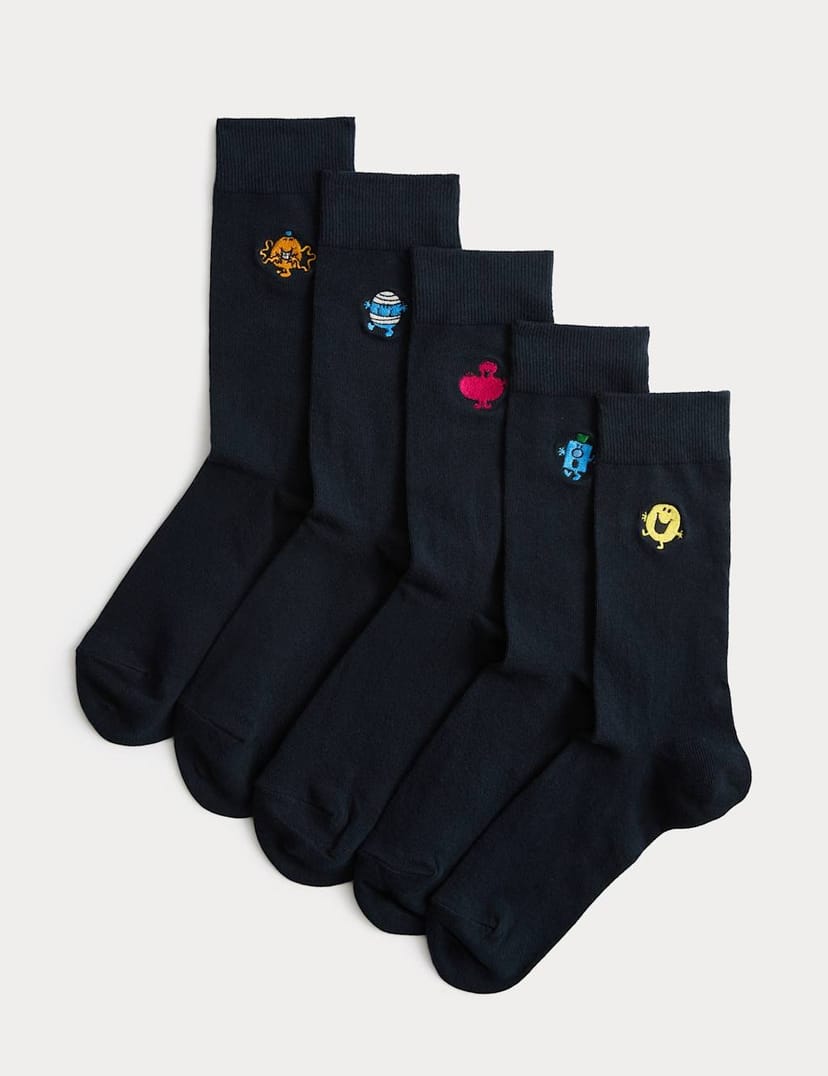 Marks & Spencer M&S 5 Pack Embroidered Cotton Rich Socks Navy Mix - 1