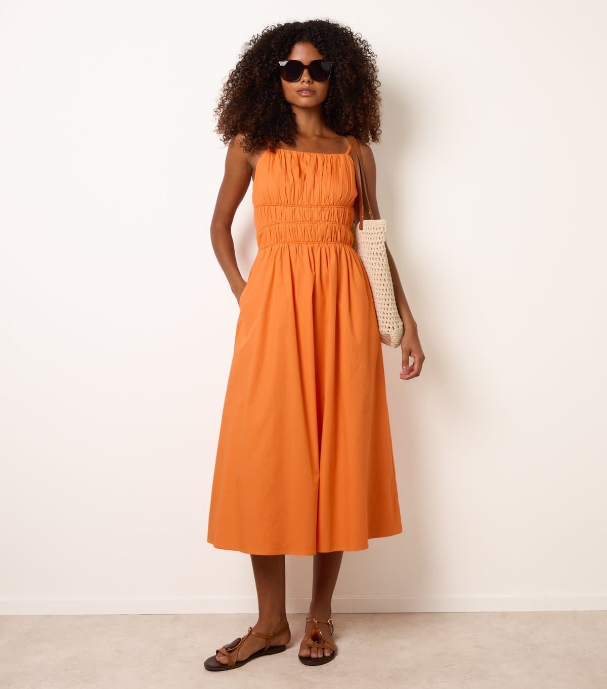 Blue Vanilla Women's Bright Orange Ruched Bust Strappy Midi Dress Blue Vanilla New Look