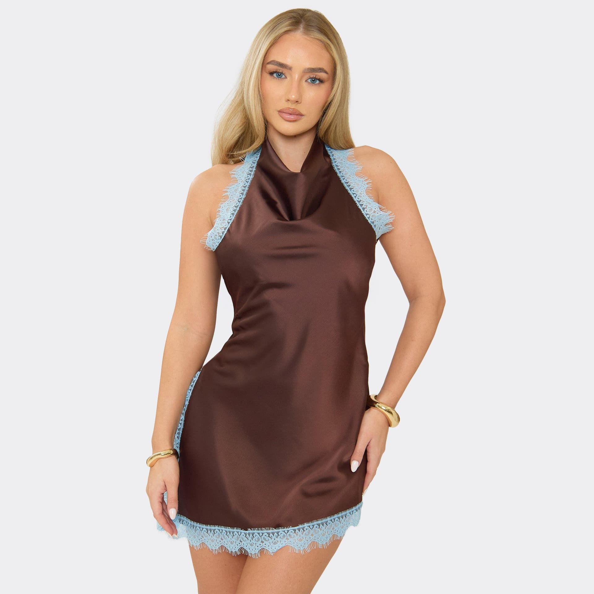 EGO Cowl High Neck Lace Trim Asymmetric Hem Detail Mini Dress In Brown Satin, Women's Size UK 6
