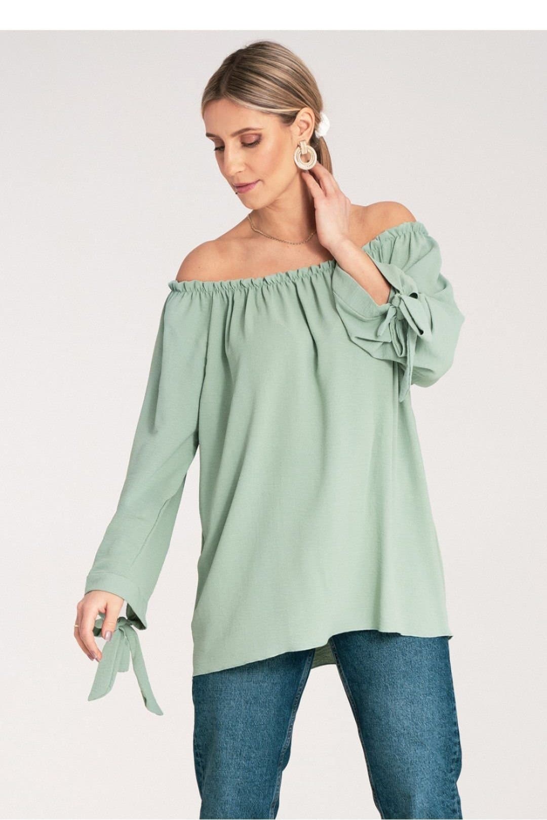 Love Lace Love Lace Women's Spanish Lace Sleeve Pleated Neck Off-Shoulder Blouse in Green