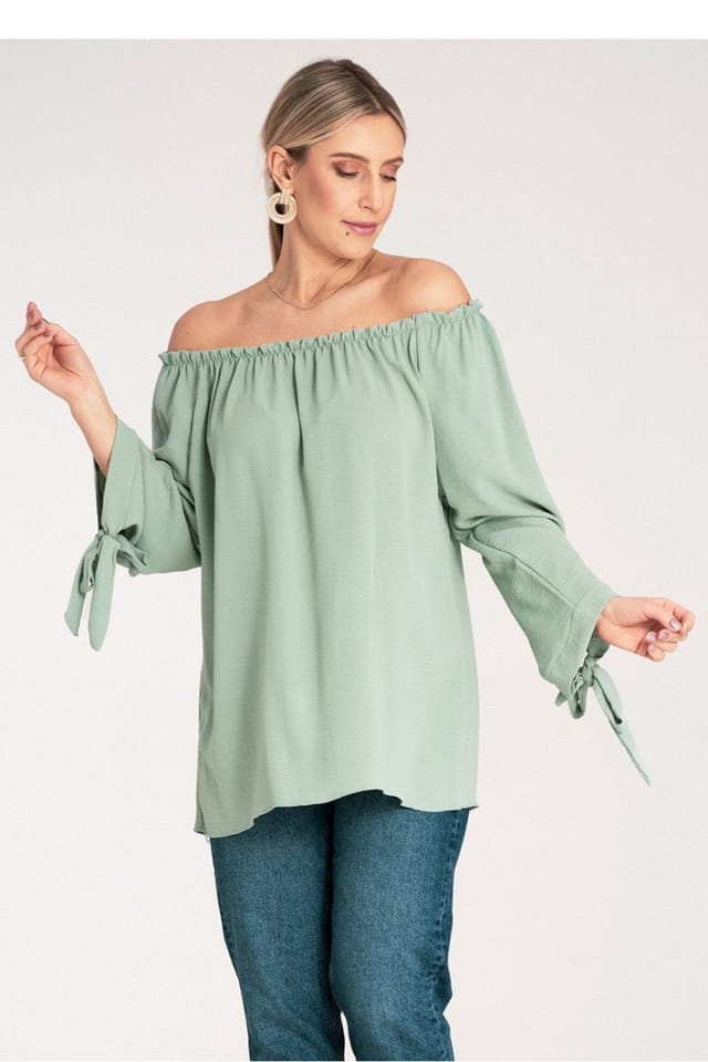 Love Lace Love Lace Women's Spanish Lace Sleeve Pleated Neck Off-Shoulder Blouse in Green - 2