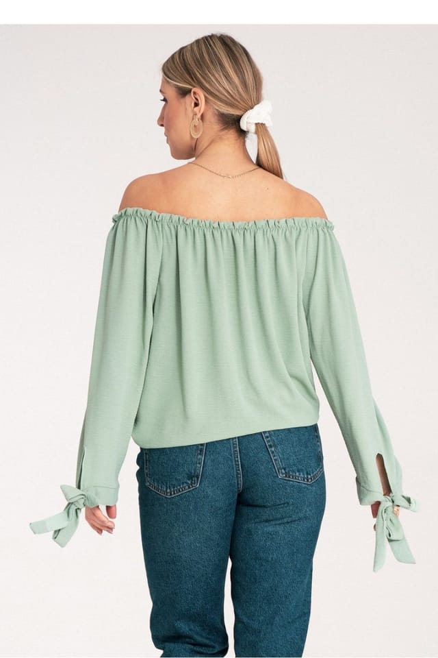 Love Lace Love Lace Women's Spanish Lace Sleeve Pleated Neck Off-Shoulder Blouse in Green - 3