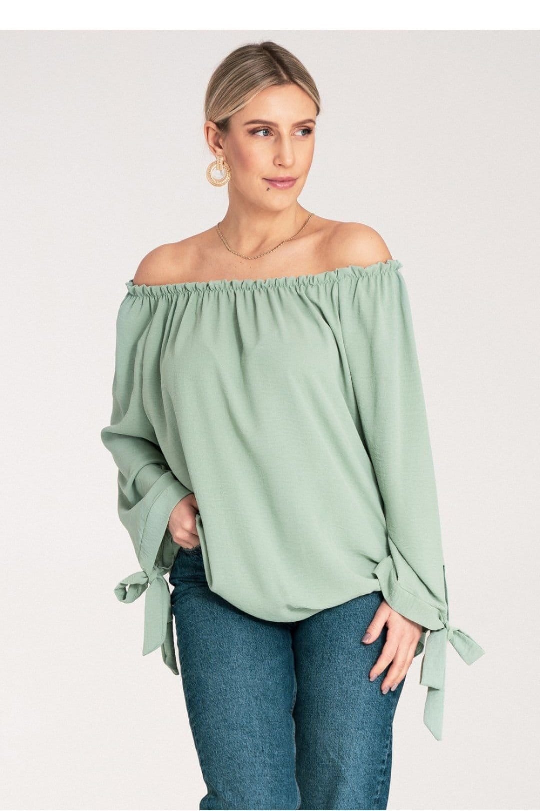 Love Lace Love Lace Women's Spanish Lace Sleeve Pleated Neck Off-Shoulder Blouse in Green - 4