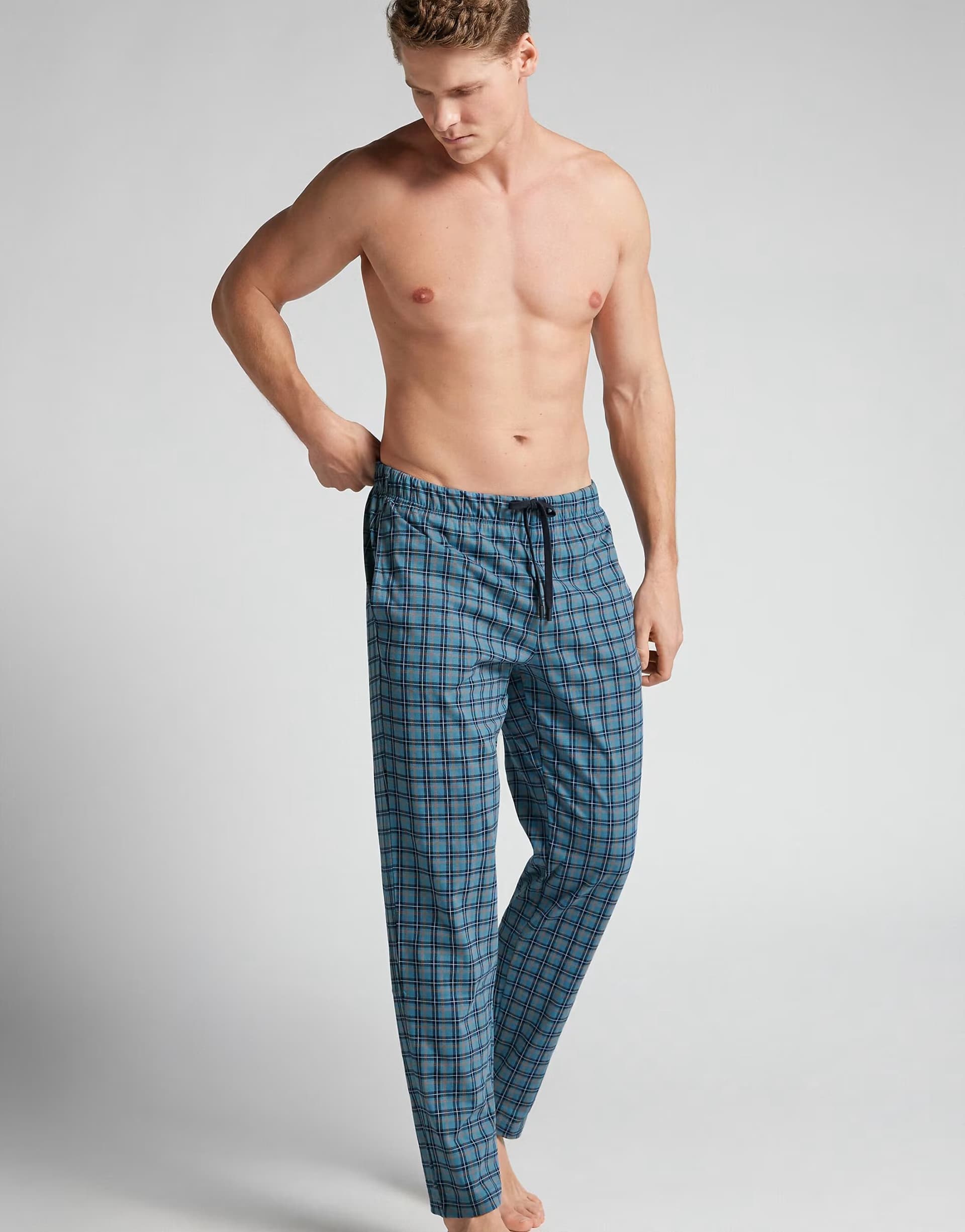 ASOS Intimissimi Blue check print cotton trousers in light blue check