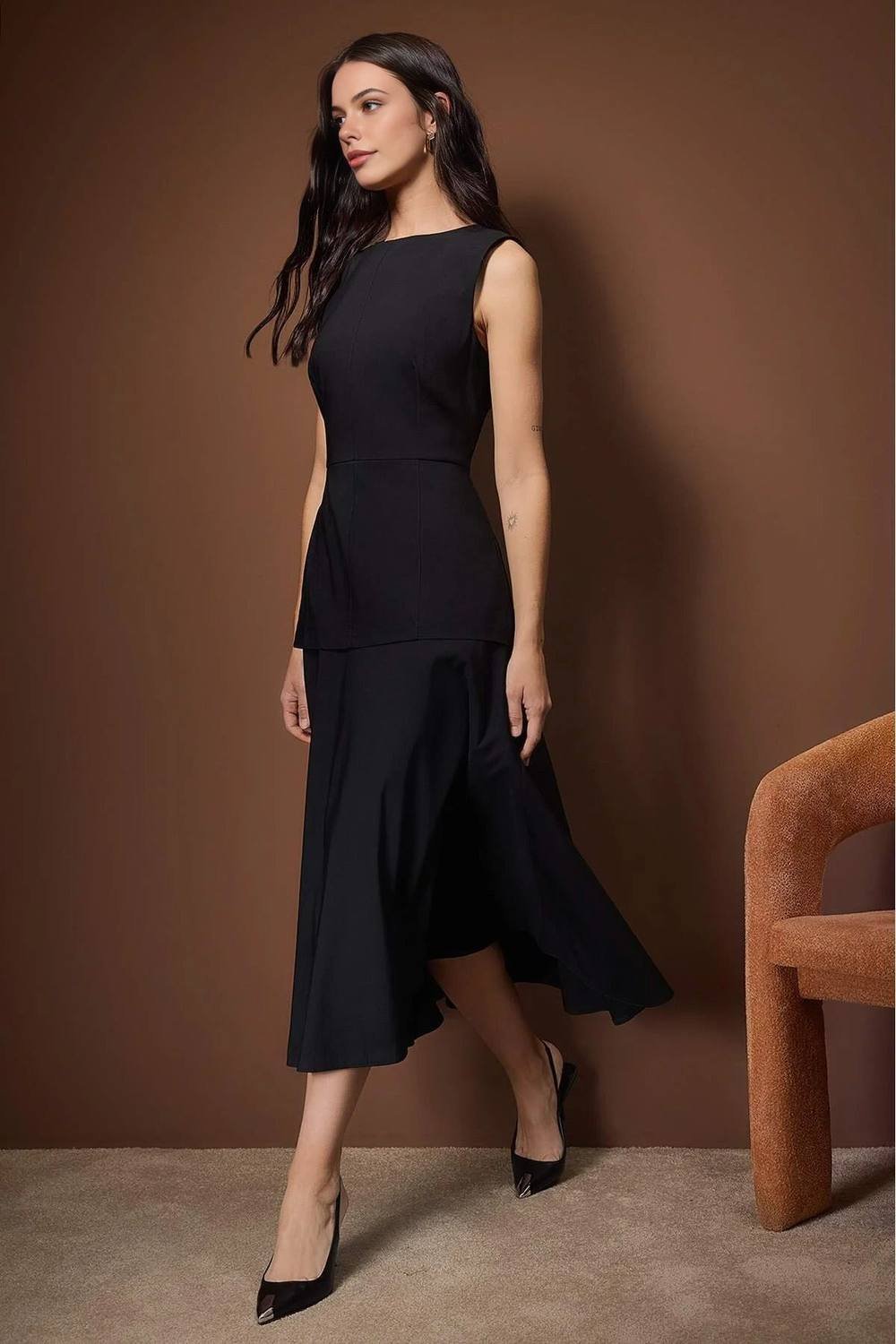 WOVCOR WOVCOR Women's Stretch Woven Sleeveless Midi Dress in Black - 3