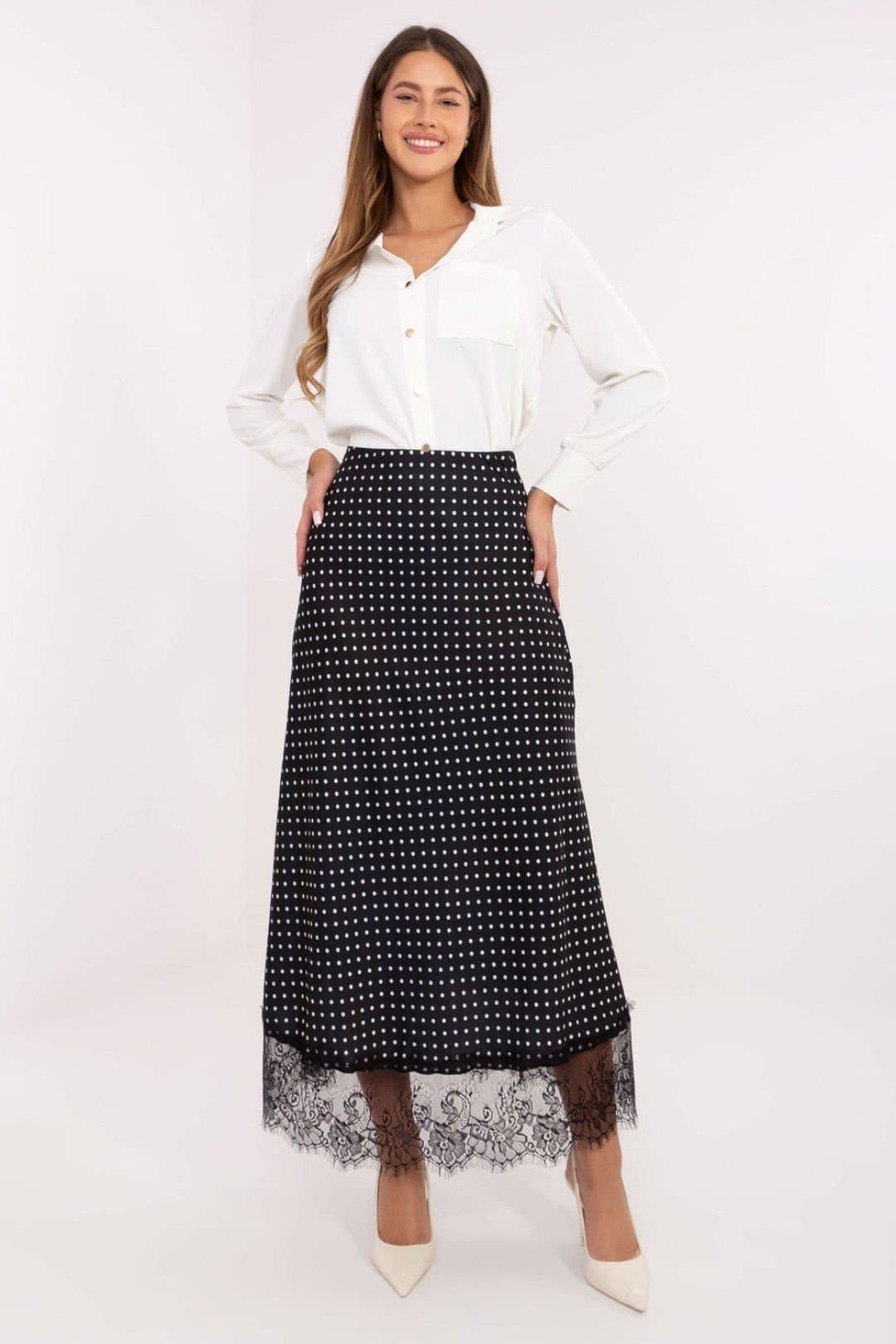 Love Lace Love Lace Women's Polka Dot Lace Hem Midi Skirt Elastic Waist in Black