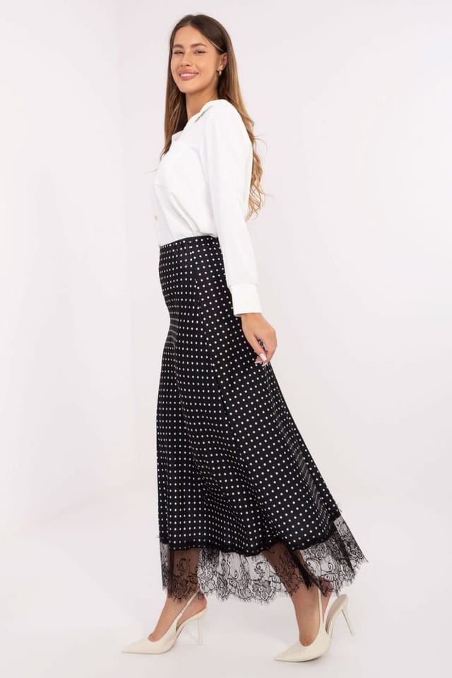 Love Lace Love Lace Women's Polka Dot Lace Hem Midi Skirt Elastic Waist in Black - 2