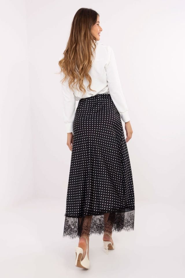 Love Lace Love Lace Women's Polka Dot Lace Hem Midi Skirt Elastic Waist in Black - 3
