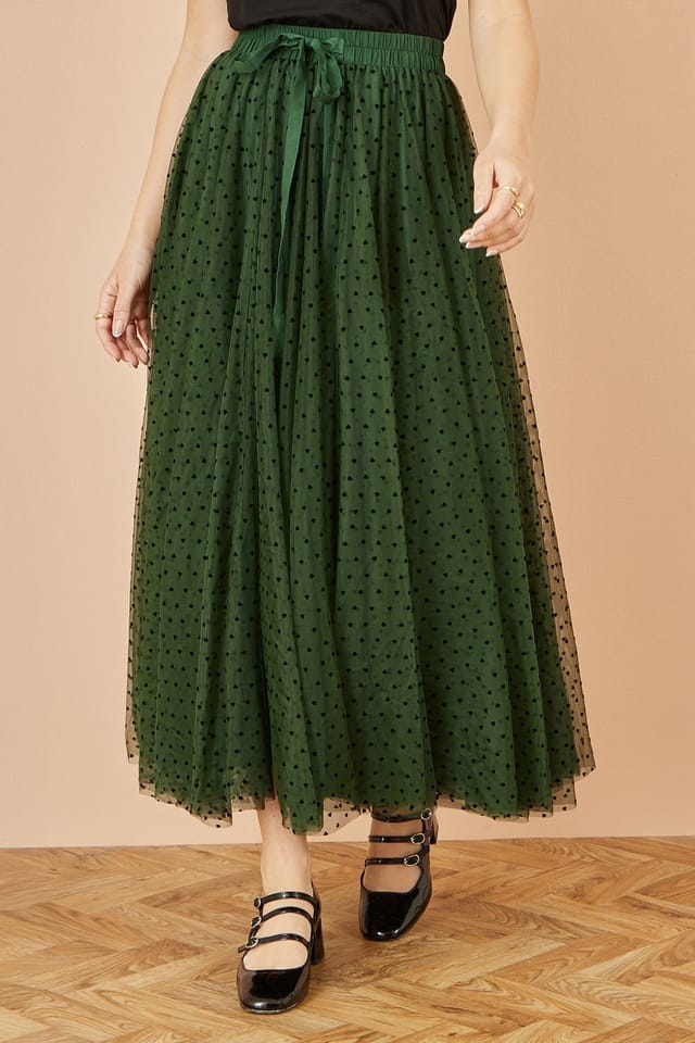 Yumi Yumi Women's Green Mesh Heart Print Tulle Skirt - 2