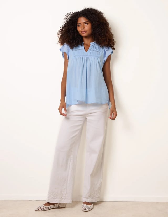 Blue Vanilla Cotton Embroidery Detail Ruffle Sleeve Top - 2