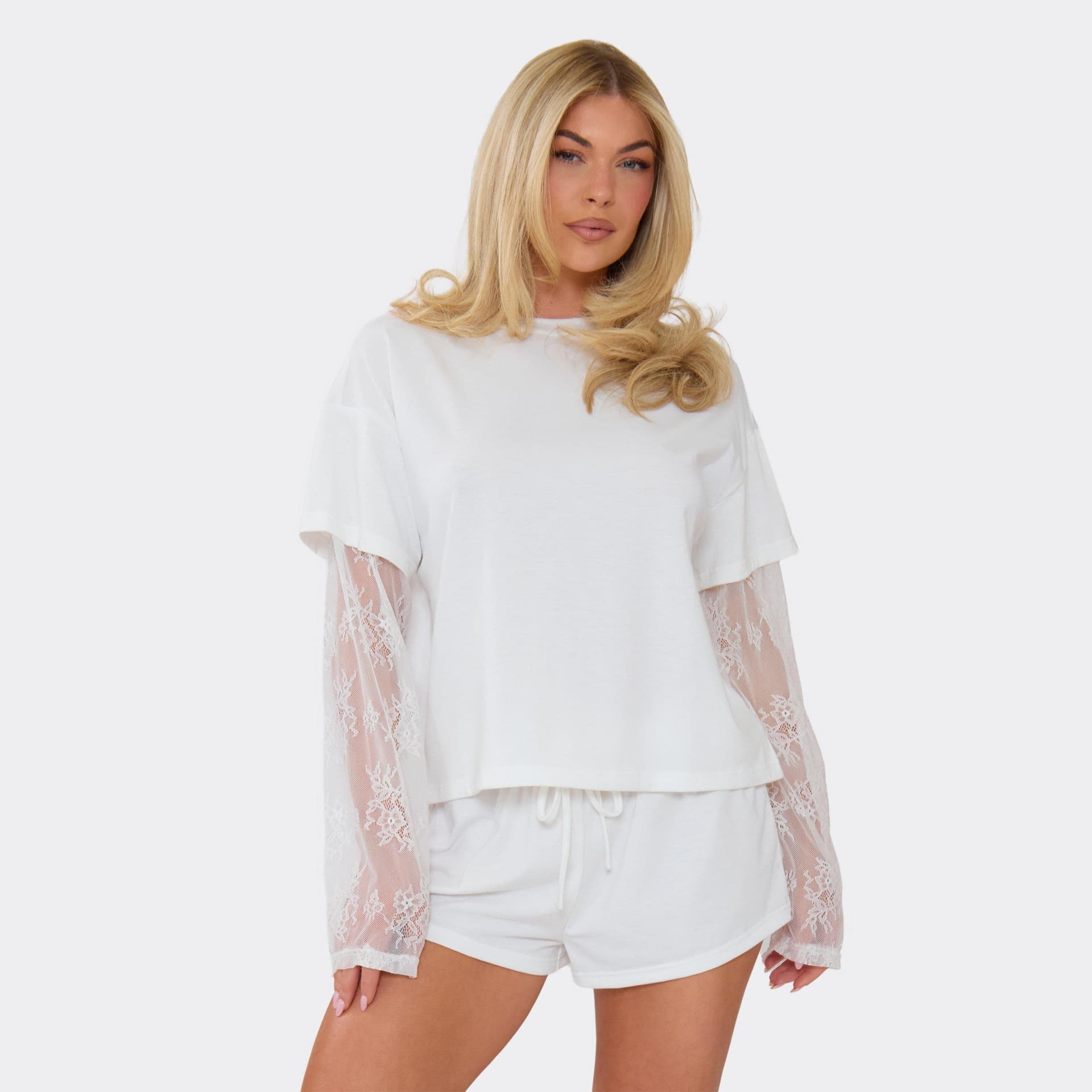 EGO EGO White Cotton Lace Sleeve Detail Oversized T-Shirt