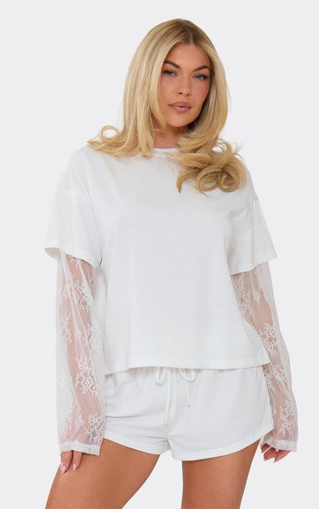 EGO Long Lace Sleeve Detail Oversized T-Shirt In White, Women's Size UK 6 - 2