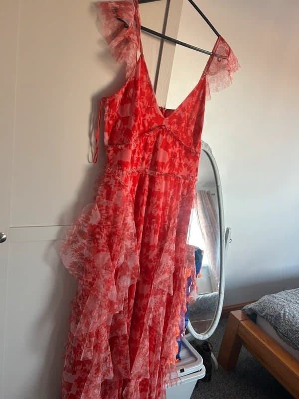 Lace & Beads Lace & Beads tulle ruffle maxi dress pink & red size 12