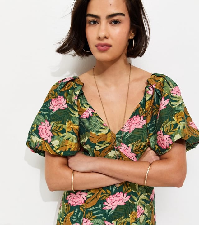 New Look Women's Green Lotus Print Puff Sleeve Midi Dress New Look - 2