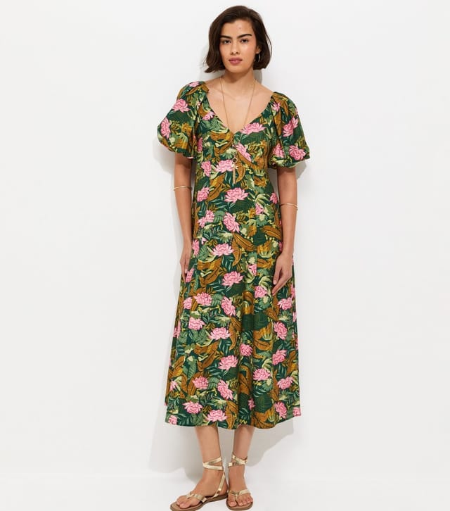 New Look Women's Green Lotus Print Puff Sleeve Midi Dress New Look - 3