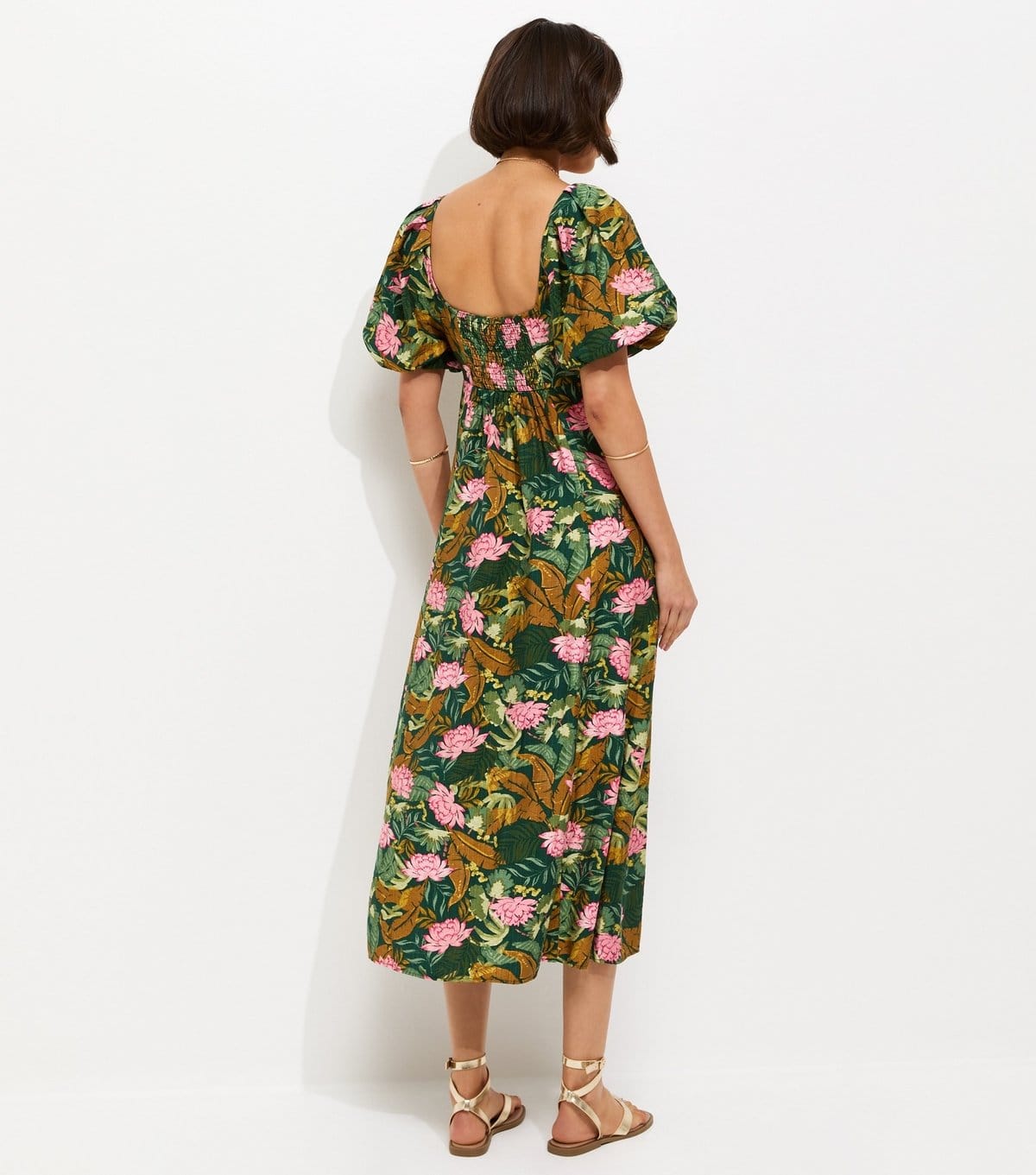 New Look Women's Green Lotus Print Puff Sleeve Midi Dress New Look - 4
