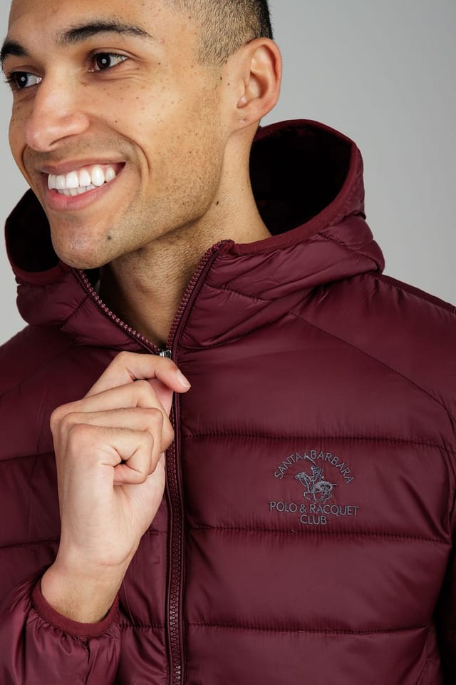 Santa Barbara Polo & Racquet Club Santa Barbara Polo & Racquet Club Men's Lightweight Zip Through Hooded Padded Jacket with Zipped Pockets in Burgundy - 3