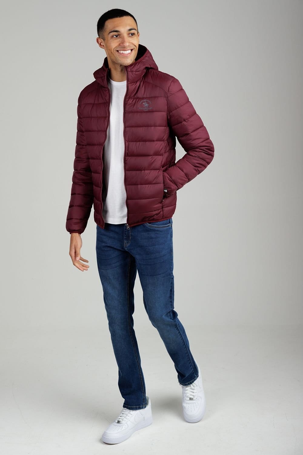 Santa Barbara Polo & Racquet Club Santa Barbara Polo & Racquet Club Men's Lightweight Zip Through Hooded Padded Jacket with Zipped Pockets in Burgundy - 4