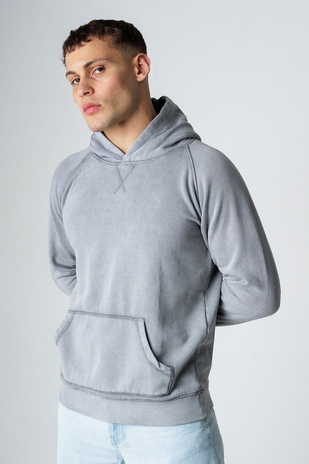 Influence Influence Men's Cotton Blend Acid Wash Hoody in Light Grey