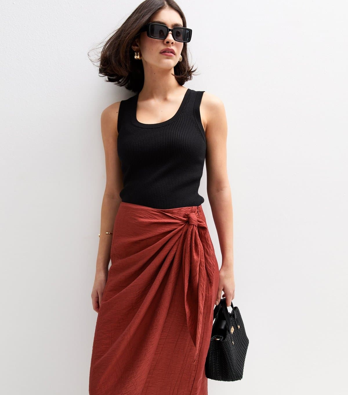 New Look Women's Dark Red Crinkled Sarong Midi Skirt New Look